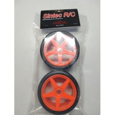 PAR DE PNEUS SLICK COM RODAS STAR LARANJA CUBO DE ENCAIXE 17mm NOVO PERFIL PARA INFERNO GT2 E BUGGYS 1/8 SINTEC SIN S153